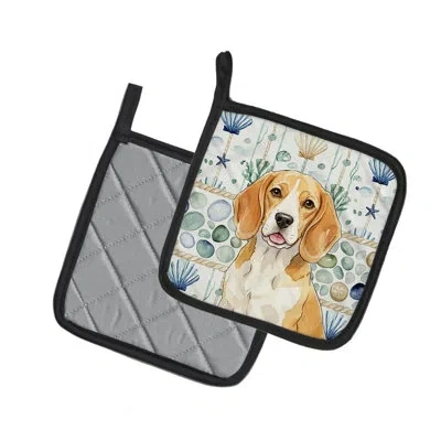 Caroline's Treasures Lemon And White Beagle Coastal Sea Glass Pair Of Pot Holders In Multicolor