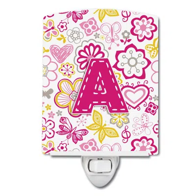 Caroline's Treasures Letter A Flowers And Butterflies Pink Ceramic Night Light