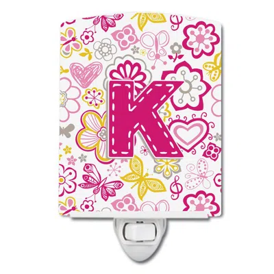 Caroline's Treasures Letter K Flowers And Butterflies Pink Ceramic Night Light