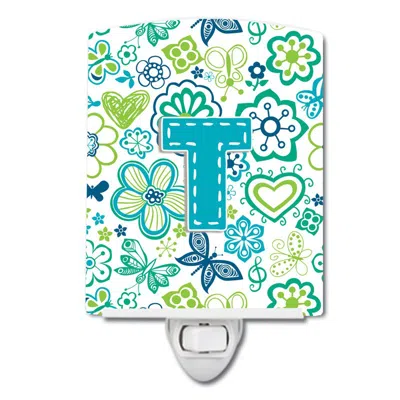 Caroline's Treasures Letter T Flowers And Butterflies Teal Blue Ceramic Night Light In White