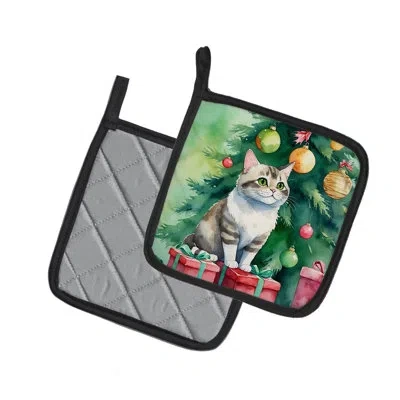 Caroline's Treasures Li Hua Cat By The Christmas Tree Pair Of Pot Holders In Multicolor