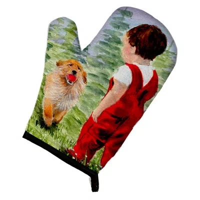 Caroline's Treasures Little Boy With His Retriever Oven Mitt In Green;red