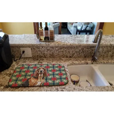 Caroline's Treasures Liver And Tan Bloodhound Christmas Poinsettias Dish Drying Mat In Natural