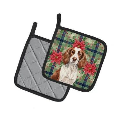 Caroline's Treasures Liver And White English Springer Spaniel Christmas Poinsettas Pair Of Pot Holders In Multi