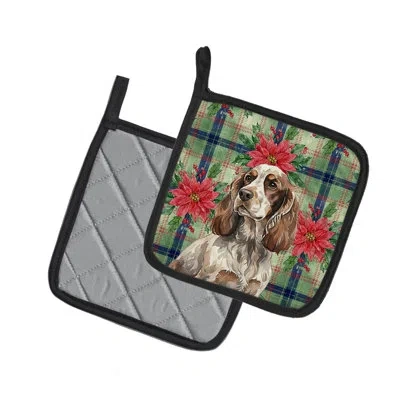 Caroline's Treasures Liver Roan English Cocker Spaniel Christmas Poinsettas Pair Of Pot Holders In Multicolor