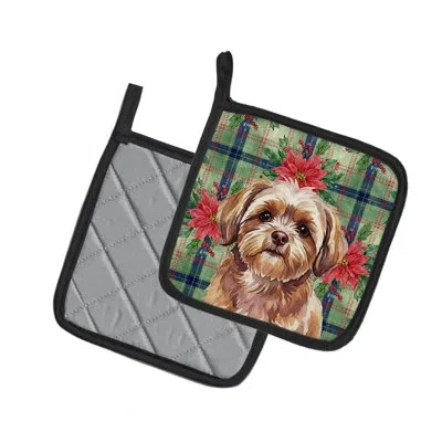 Caroline's Treasures Liver Shih Tzu Christmas Poinsettas Pair Of Pot Holders In Multi