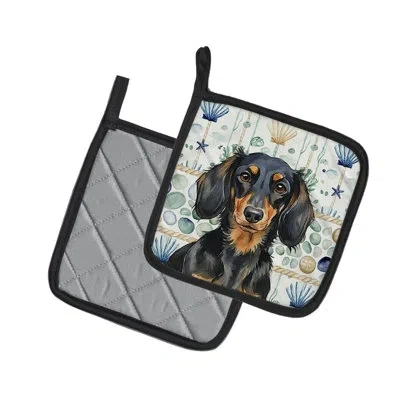 Caroline's Treasures Longhaired Black And Tan Dachshund Coastal Sea Glass Pair Of Pot Holders In Multicolor