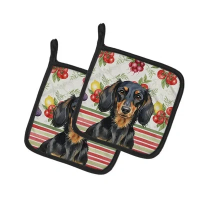 Caroline's Treasures Longhaired Black And Tan Dachshund Vegetables Pair Of Pot Holders In Multicolor