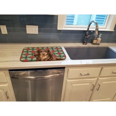 Caroline's Treasures Longhaired Chocolate And Tan Dachshund Christmas Poinsettias Dish Drying Mat In Natural