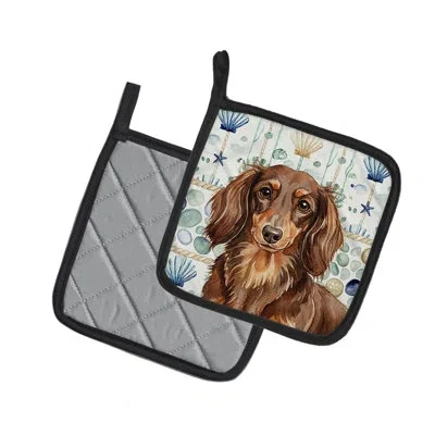 Caroline's Treasures Longhaired Chocolate And Tan Dachshund Coastal Sea Glass Pair Of Pot Holders In Multicolor