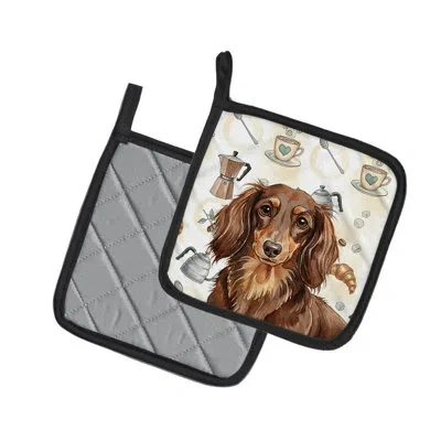 Caroline's Treasures Longhaired Chocolate And Tan Dachshund Coffee Bar Pair Of Pot Holders In Multicolor