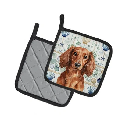 Caroline's Treasures Longhaired Red Dachshund Coastal Sea Glass Pair Of Pot Holders In Multicolor