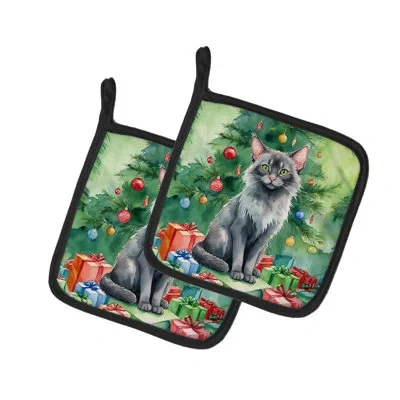 Caroline's Treasures Lykoi Cat By The Christmas Tree Pair Of Pot Holders In Multicolor