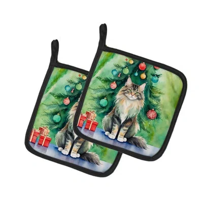 Caroline's Treasures Mainecoon Cat By The Christmas Tree Pair Of Pot Holders In Multicolor