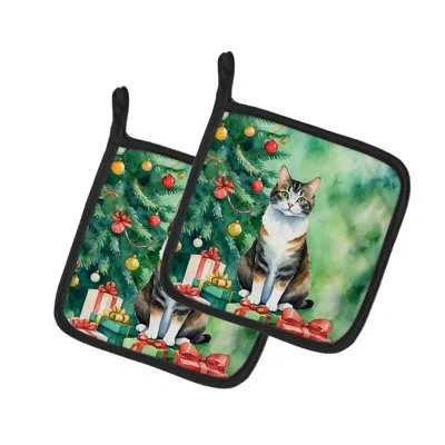 Caroline's Treasures Manx Cat By The Christmas Tree Pair Of Pot Holders In Multicolor