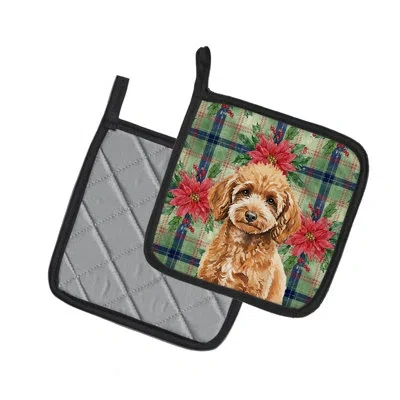 Caroline's Treasures Miniature Apricot Poodle Christmas Poinsettas Pair Of Pot Holders In Multi
