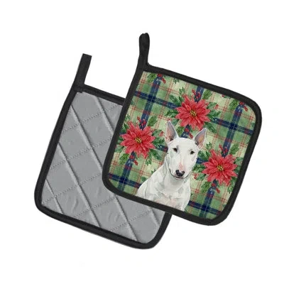 Caroline's Treasures Miniature Bull Terrier Christmas Poinsettas Pair Of Pot Holders In Multi