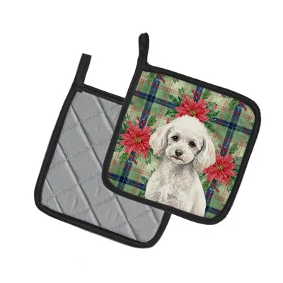 Caroline's Treasures Miniature White Poodle Christmas Poinsettas Pair Of Pot Holders In Multi