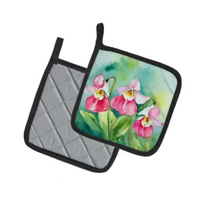 Caroline's Treasures Minnesota Pink And White Lady�s Slippers In Watercolor Pair Of Pot Holders In Multicolor