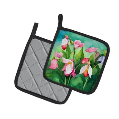 Caroline's Treasures Minnesota Pink And White Lady�s Slippers In Watercolor Pair Of Pot Holders In Multi