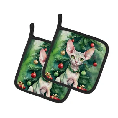Caroline's Treasures Minskin Cat By The Christmas Tree Pair Of Pot Holders In Multicolor