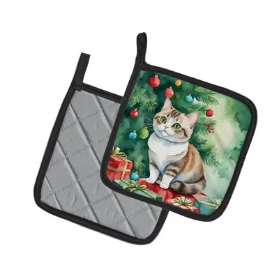 Caroline's Treasures Munchkin Cat By The Christmas Tree Pair Of Pot Holders In Multicolor