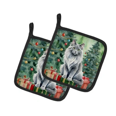 Caroline's Treasures Nebelung Cat By The Christmas Tree Pair Of Pot Holders In Multicolor