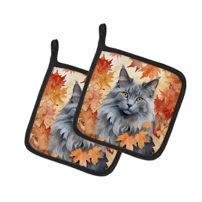 Caroline's Treasures Nebelung Cat In Fall Leaves Pair Of Pot Holders In Multicolor