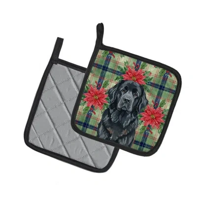 Caroline's Treasures Newfoundland Christmas Poinsettas Pair Of Pot Holders In Black