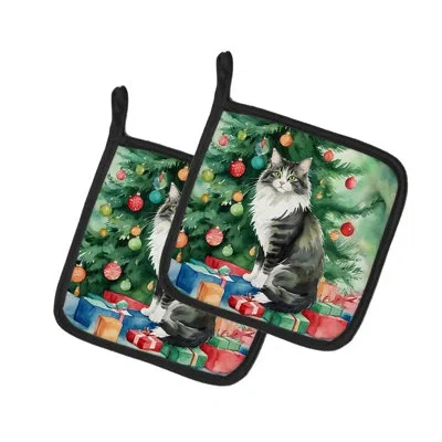 Caroline's Treasures Norwegian Forest Cat By The Christmas Tree Pair Of Pot Holders In Multicolor