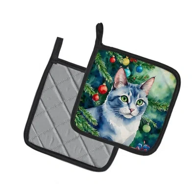 Caroline's Treasures Ojos Azules Cat By The Christmas Tree Pair Of Pot Holders In Multicolor