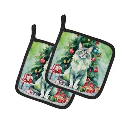 Caroline's Treasures Oriental Longhair Cat By The Christmas Tree Pair Of Pot Holders In Multicolor