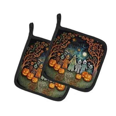 Caroline's Treasures Papel Picado Skeletons Spooky Halloween Pair Of Pot Holders In Multicolor