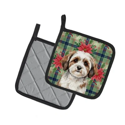 Caroline's Treasures Parti-color Havanese Christmas Poinsettas Pair Of Pot Holders In Multi