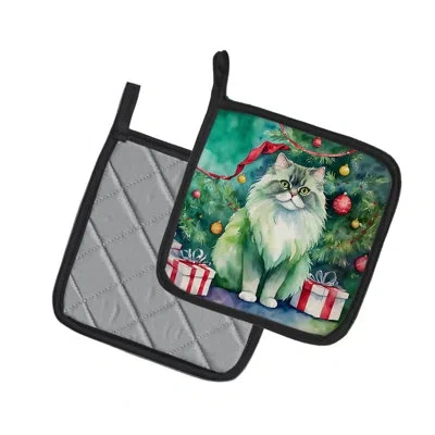 Caroline's Treasures Persian Cat By The Christmas Tree Pair Of Pot Holders In Multicolor
