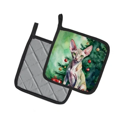 Caroline's Treasures Peterbald Cat By The Christmas Tree Pair Of Pot Holders In Multicolor