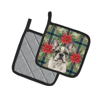 Caroline's Treasures Pied French Bulldog Christmas Poinsettas Pair Of Pot Holders In Multi