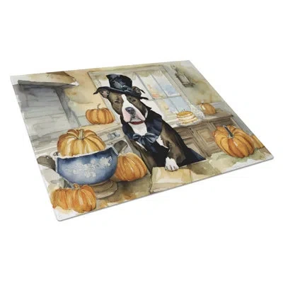 Caroline's Treasures Pit Bull Terrier Fall Kitchen Pumpkins Glass Cutting Board Large