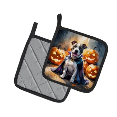 Caroline's Treasures Pit Bull Terrier Puppy Halloween Pair Of Pot Holders In Multi