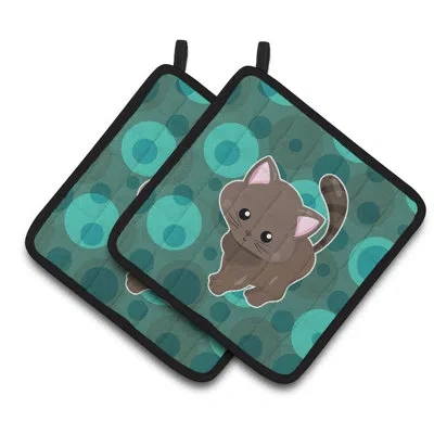 Caroline's Treasures Polkadot Kitten Cat Potholder In Green;gray