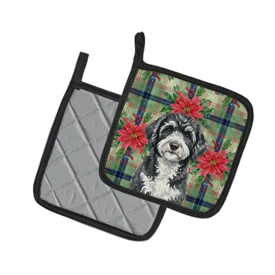 Caroline's Treasures Portuguese Water Dog Christmas Poinsettas Pair Of Pot Holders In Multicolor