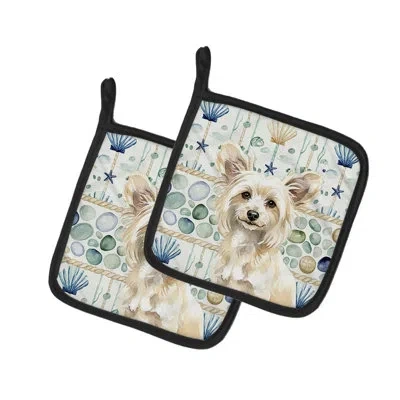 Caroline's Treasures Powderpuff Chinese Crested Coastal Sea Glass Pair Of Pot Holders In Multicolor