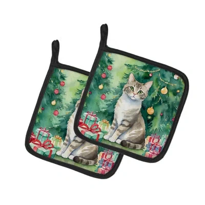 Caroline's Treasures Pudelkatze Cat By The Christmas Tree Pair Of Pot Holders In Multicolor