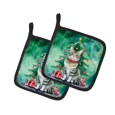 Caroline's Treasures Raas Cat By The Christmas Tree Pair Of Pot Holders In Multicolor
