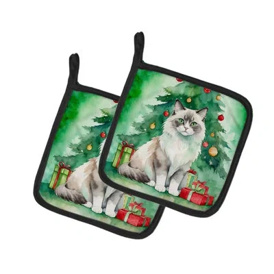 Caroline's Treasures Ragdoll Cat By The Christmas Tree Pair Of Pot Holders In Multicolor