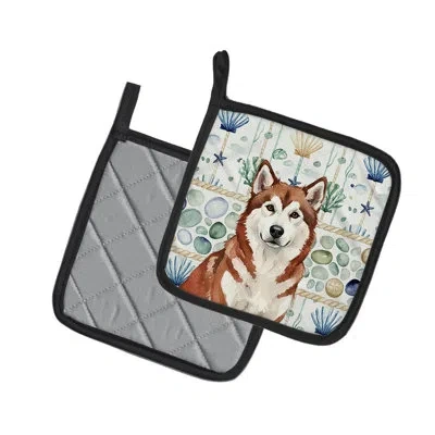 Caroline's Treasures Red And White Alaskan Malamute Coastal Sea Glass Pair Of Pot Holders In Multicolor