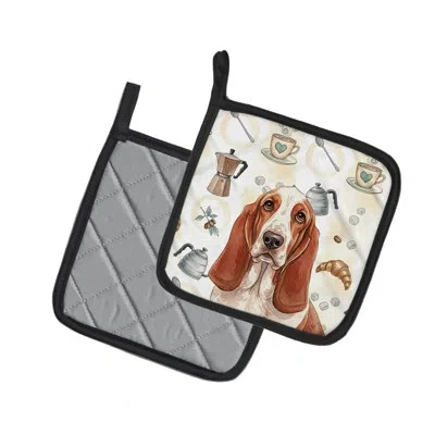 Caroline's Treasures Red And White Basset Hound Coffee Bar Pair Of Pot Holders In Multicolor