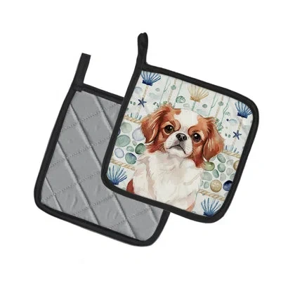 Caroline's Treasures Red And White Japanese Chin Coastal Sea Glass Pair Of Pot Holders In Multicolor