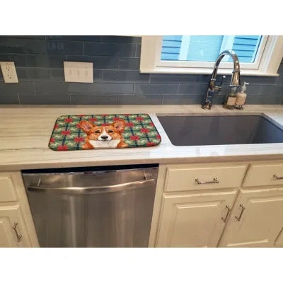 Caroline's Treasures Red Cardigan Welsh Corgi Christmas Poinsettias Dish Drying Mat In Natural