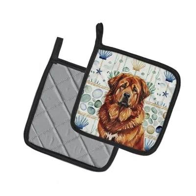 Caroline's Treasures Red Gold Tibetan Mastiff Coastal Sea Glass Pair Of Pot Holders In Multicolor